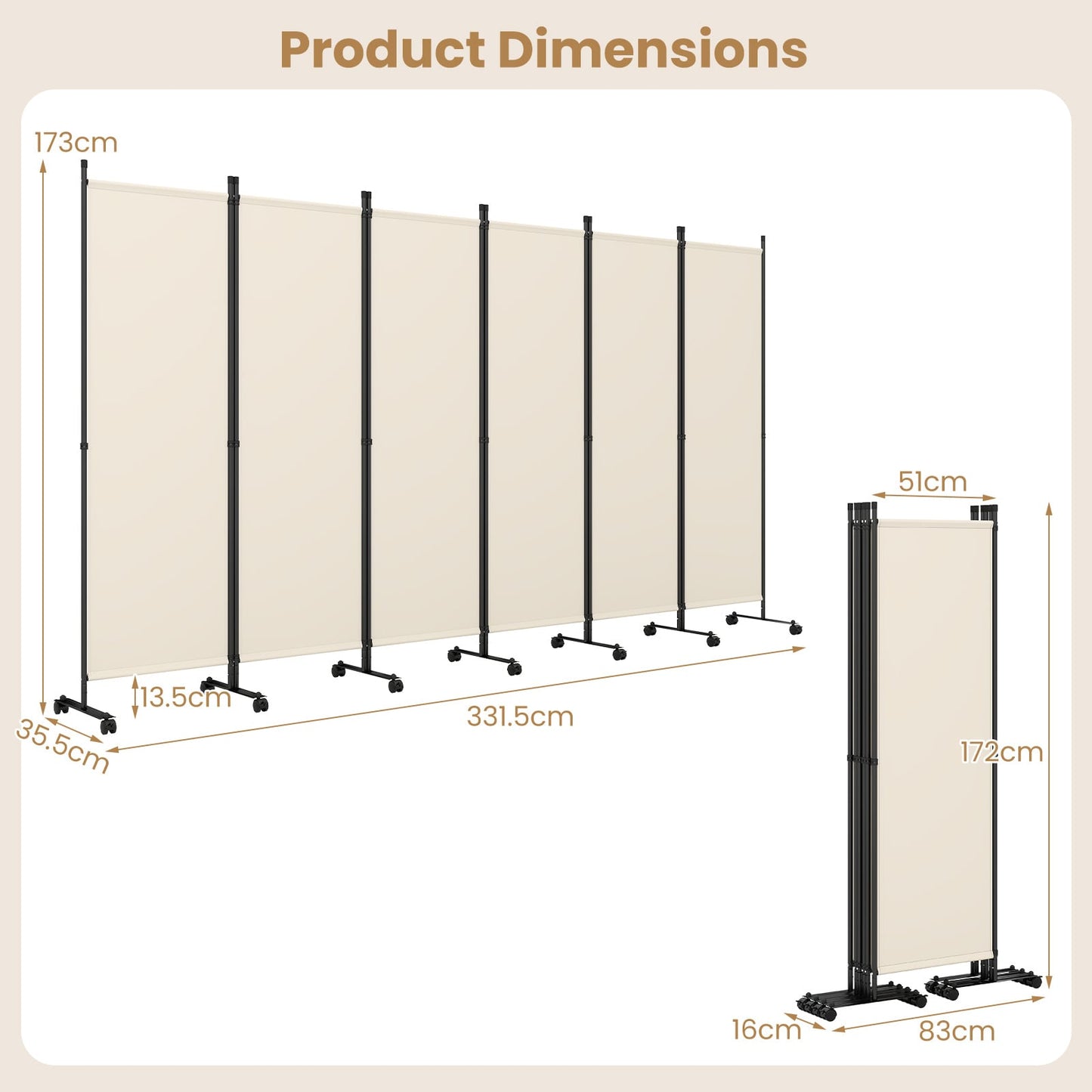 Room Divider 6-Panel Folding Privacy Screen with Lockable Rolling Wheels-Beige