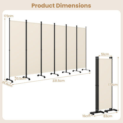 Room Divider 6-Panel Folding Privacy Screen with Lockable Rolling Wheels-Beige