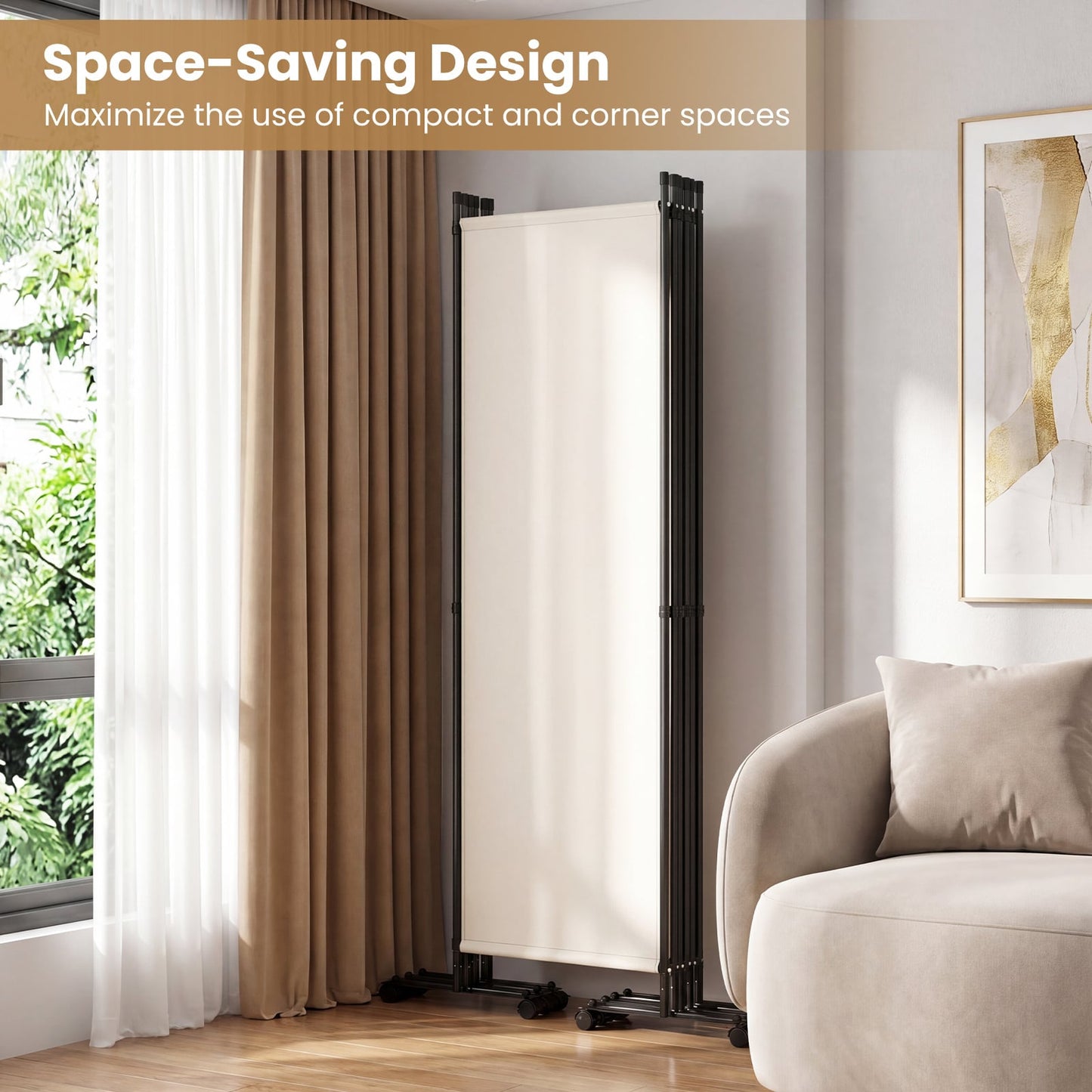 Room Divider 6-Panel Folding Privacy Screen with Lockable Rolling Wheels-Beige