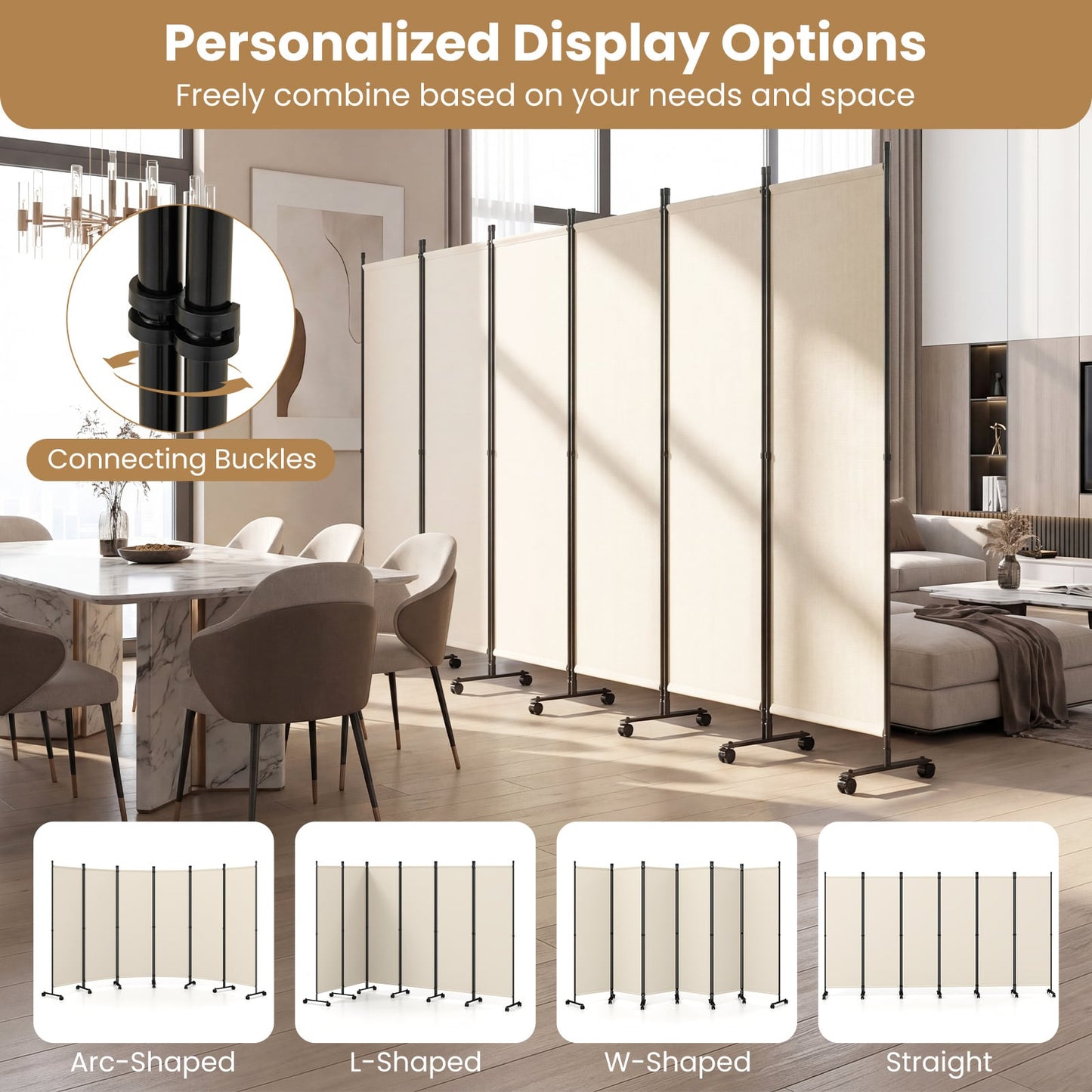 Room Divider 6-Panel Folding Privacy Screen with Lockable Rolling Wheels-Beige