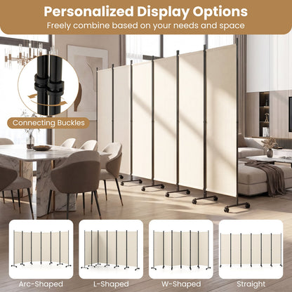 Room Divider 6-Panel Folding Privacy Screen with Lockable Rolling Wheels-Beige