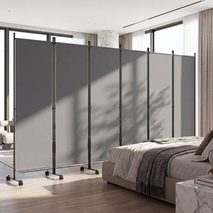 Room Divider 6-Panel Folding Privacy Screen with Lockable Rolling Wheels-Grey