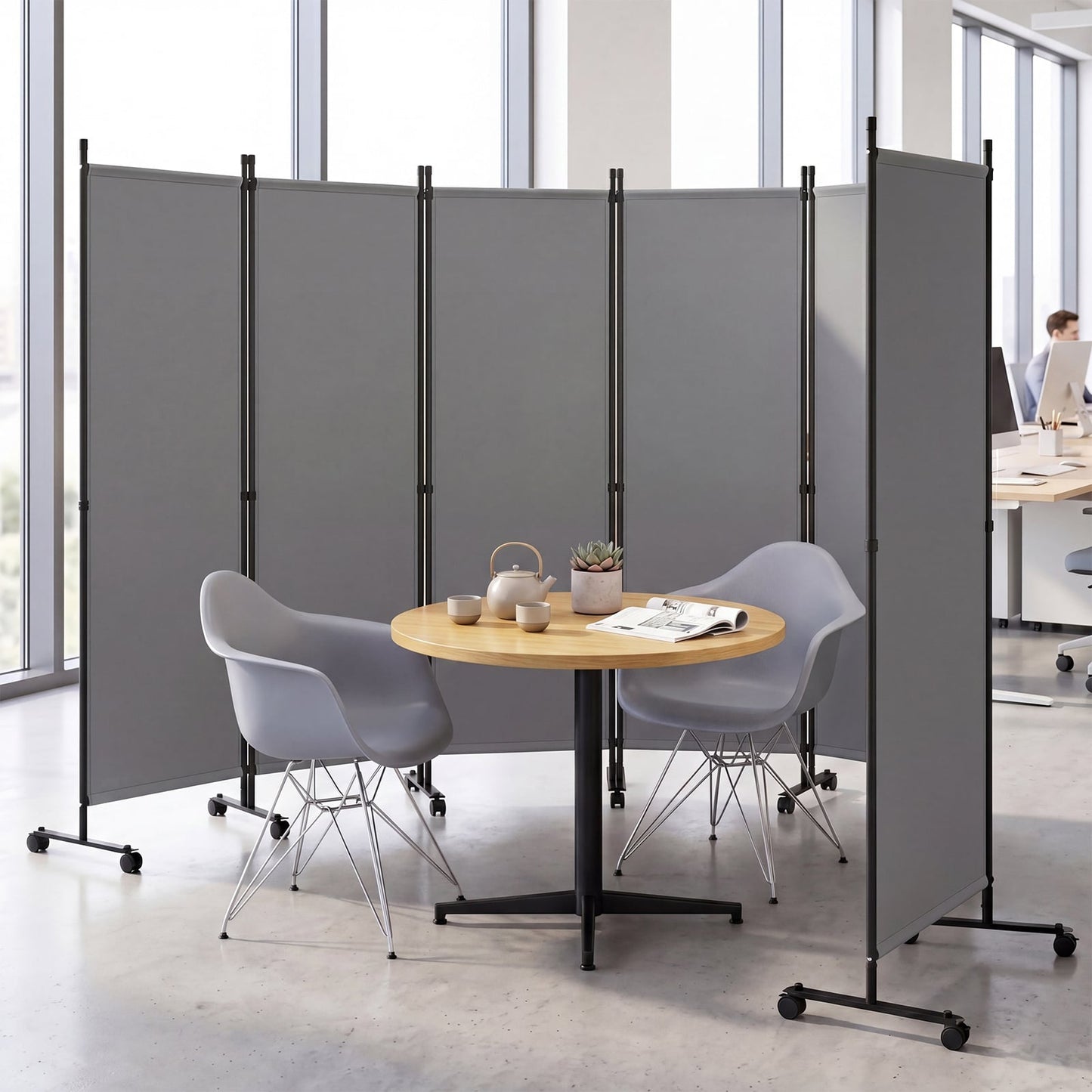 Room Divider 6-Panel Folding Privacy Screen with Lockable Rolling Wheels-Grey
