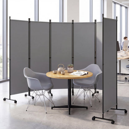 Room Divider 6-Panel Folding Privacy Screen with Lockable Rolling Wheels-Grey