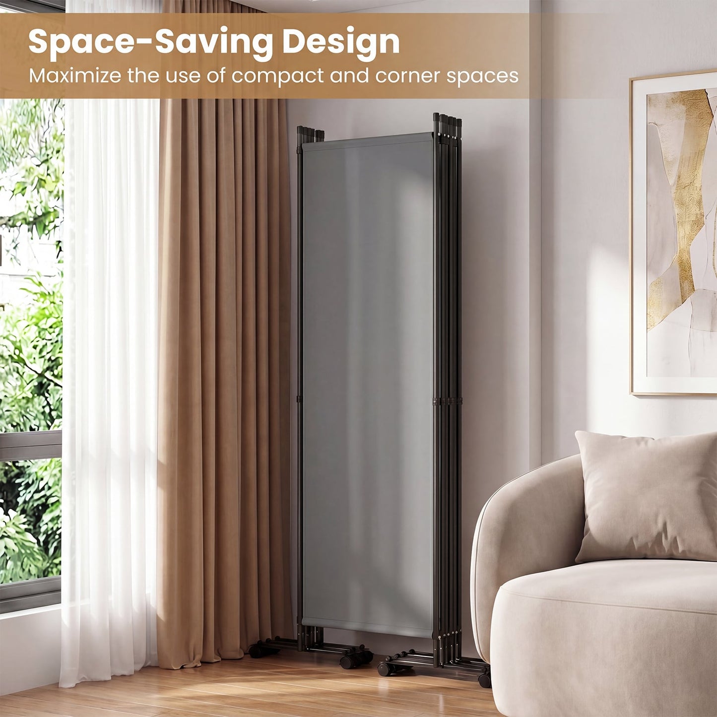 Room Divider 6-Panel Folding Privacy Screen with Lockable Rolling Wheels-Grey