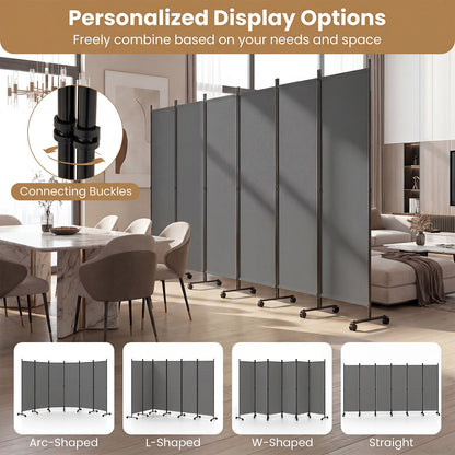 Room Divider 6-Panel Folding Privacy Screen with Lockable Rolling Wheels-Grey
