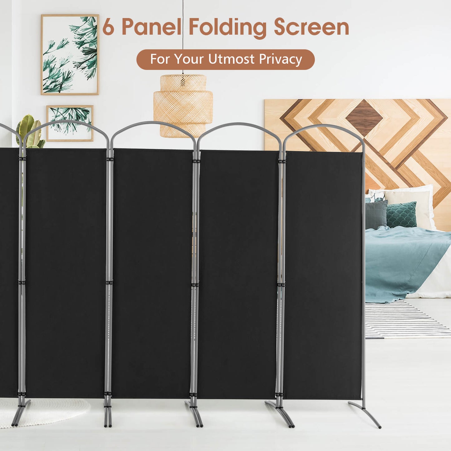 6 Panel Freestanding Fabric Room Divider for Home and Office-Black