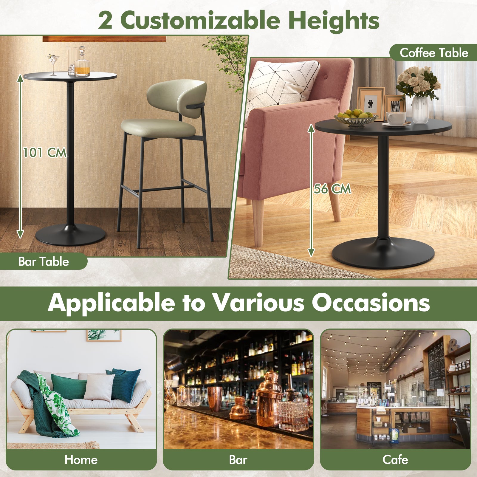 Round Bar Table with Adjustable Height and Metal Base Set of 1-Black