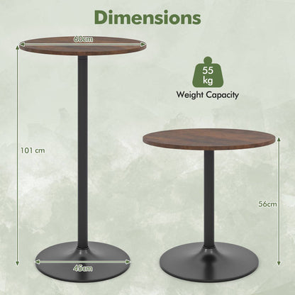 Round Bar Table with Adjustable Height and Metal Base Set of 2-Brown