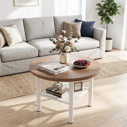 Round Coffee Table 2-Tier Modern Circular Center Table with Storage Shelf-Natural