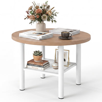 Round Coffee Table 2-Tier Modern Circular Center Table with Storage Shelf-Natural