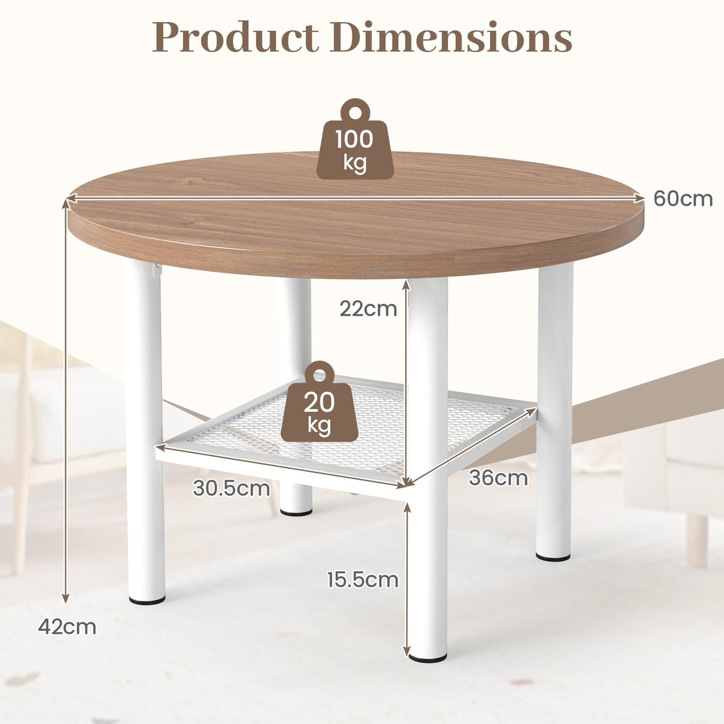 Round Coffee Table 2-Tier Modern Circular Center Table with Storage Shelf-Natural