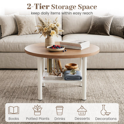 Round Coffee Table 2-Tier Modern Circular Center Table with Storage Shelf-Natural