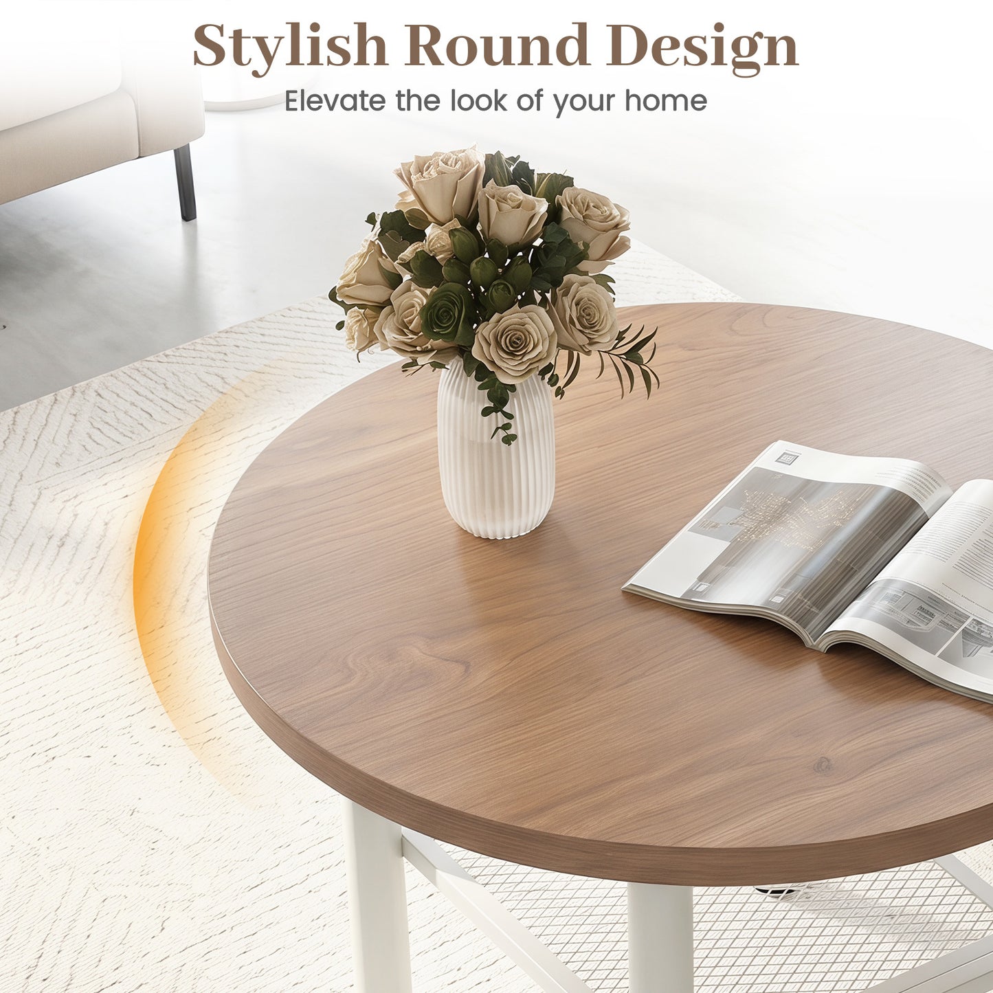 Round Coffee Table 2-Tier Modern Circular Center Table with Storage Shelf-Natural