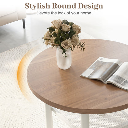 Round Coffee Table 2-Tier Modern Circular Center Table with Storage Shelf-Natural