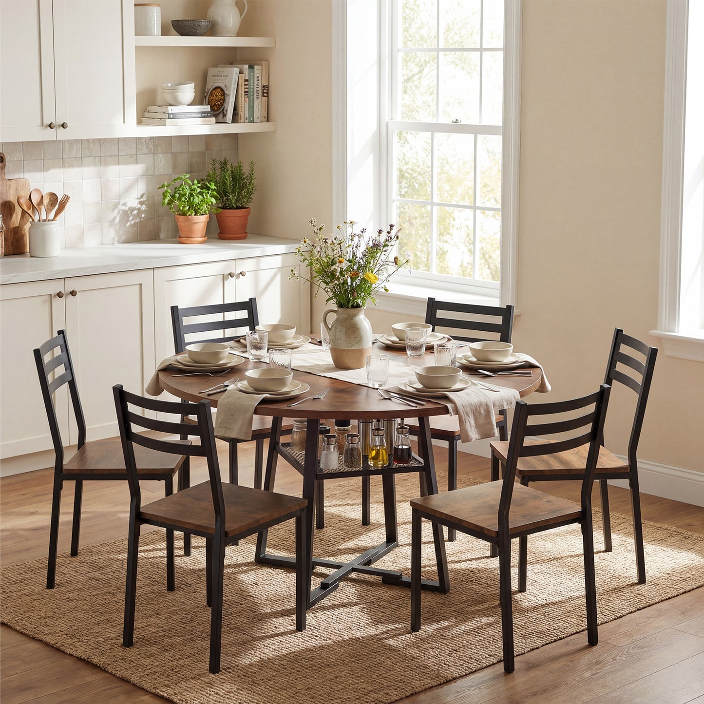 Round Dining Table for 4-6 120 CM Dining Room Table with Storage Shelf and Metal Legs-Brown