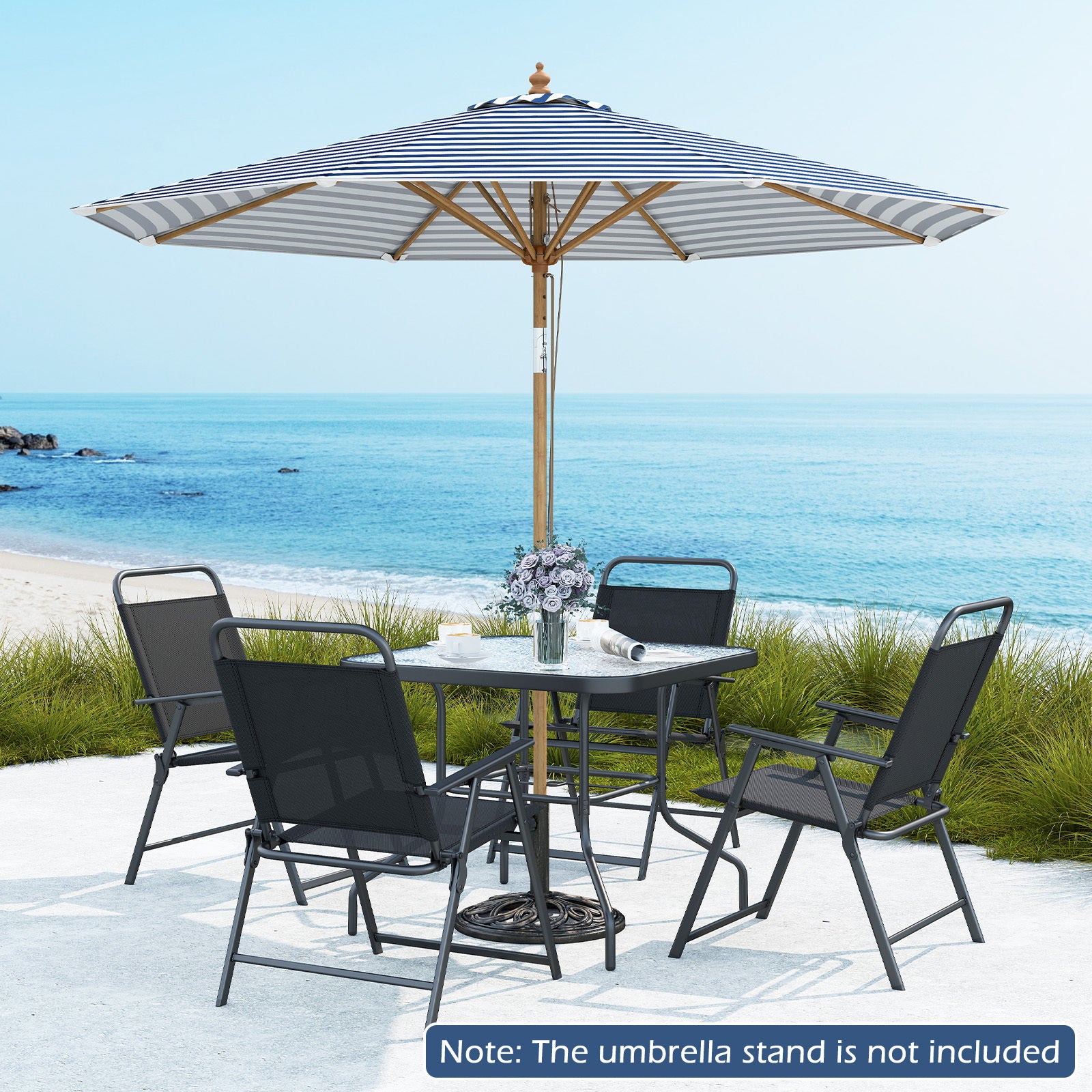 Round Patio Umbrella Bamboo Market Table Umbrella with Push Button Tilt-Blue