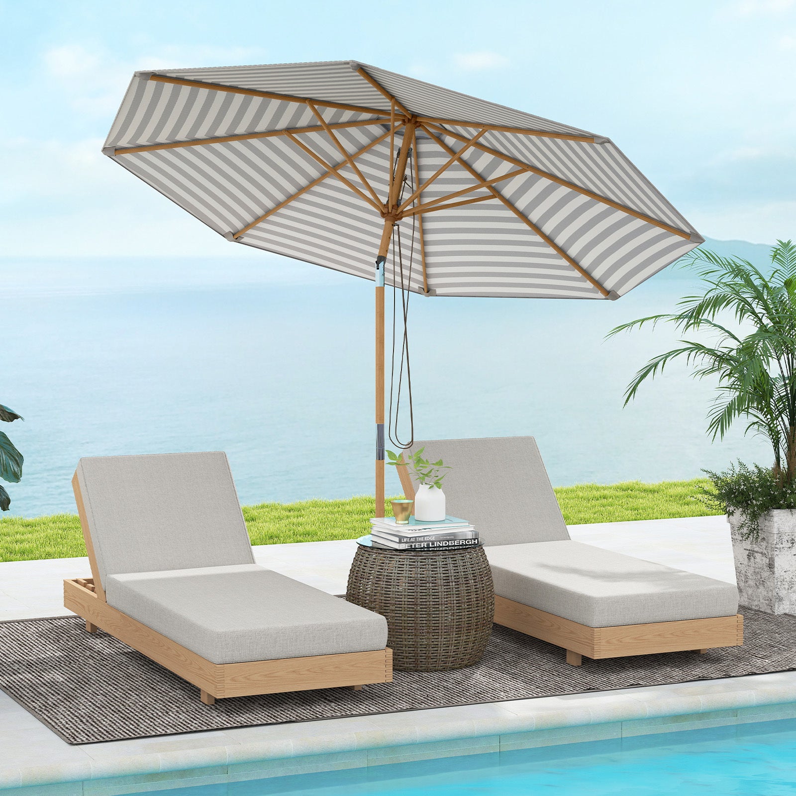 Round Patio Umbrella Bamboo Market Table Umbrella with Push Button Tilt-Blue
