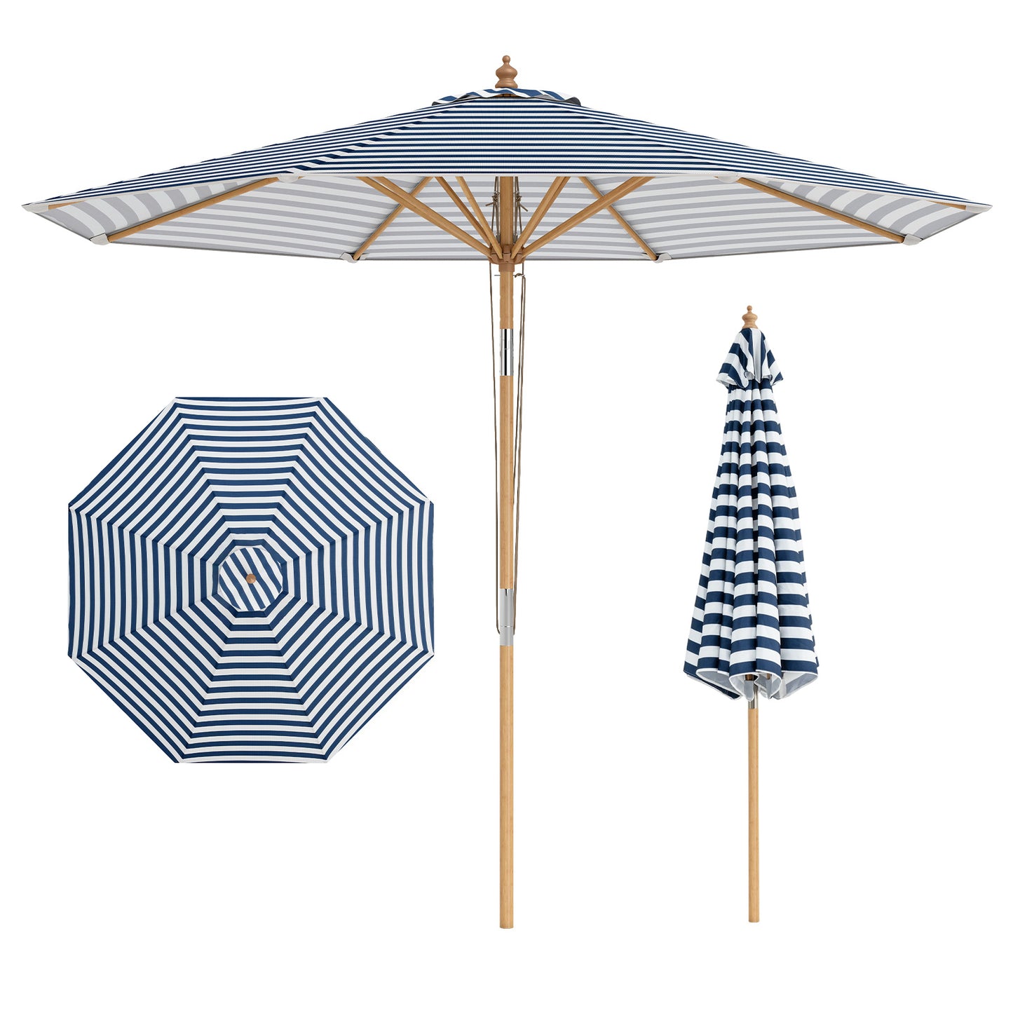 Round Patio Umbrella Bamboo Market Table Umbrella with Push Button Tilt-Blue