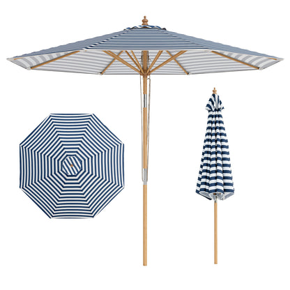 Round Patio Umbrella Bamboo Market Table Umbrella with Push Button Tilt-Blue