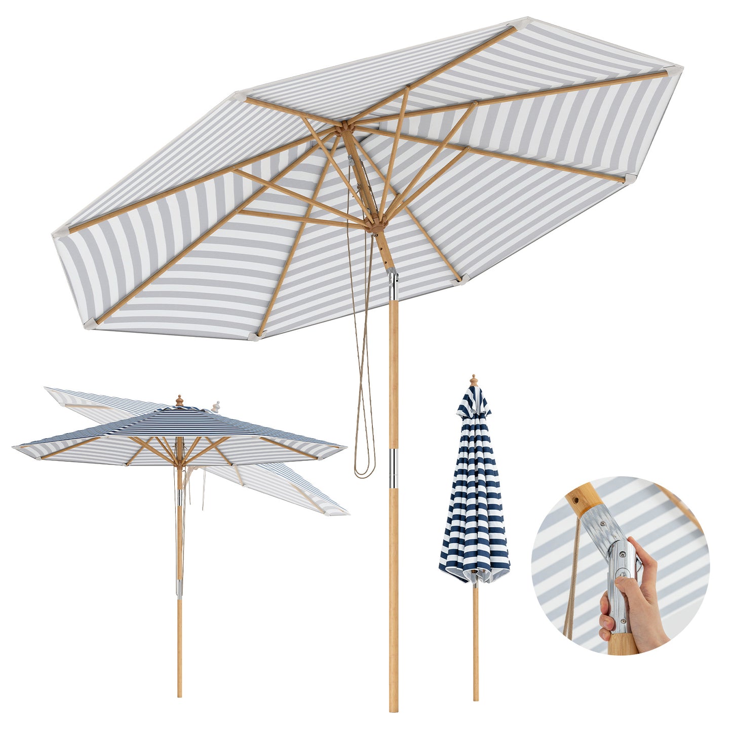 Round Patio Umbrella Bamboo Market Table Umbrella with Push Button Tilt-Blue