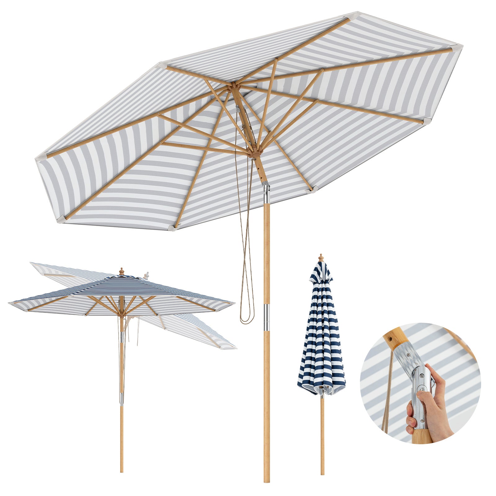 Round Patio Umbrella Bamboo Market Table Umbrella with Push Button Tilt-Blue