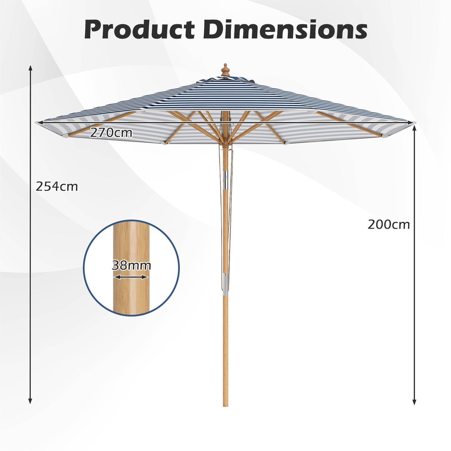 Round Patio Umbrella Bamboo Market Table Umbrella with Push Button Tilt-Blue