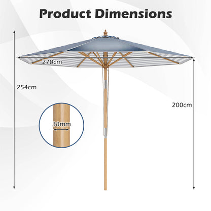Round Patio Umbrella Bamboo Market Table Umbrella with Push Button Tilt-Blue