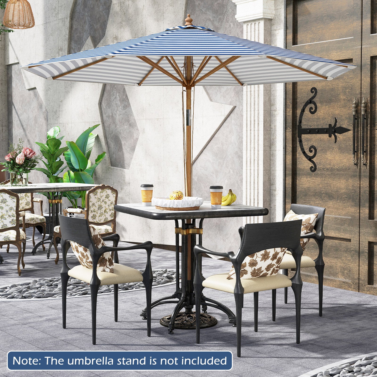 Round Patio Umbrella Bamboo Market Table Umbrella with Push Button Tilt-Blue