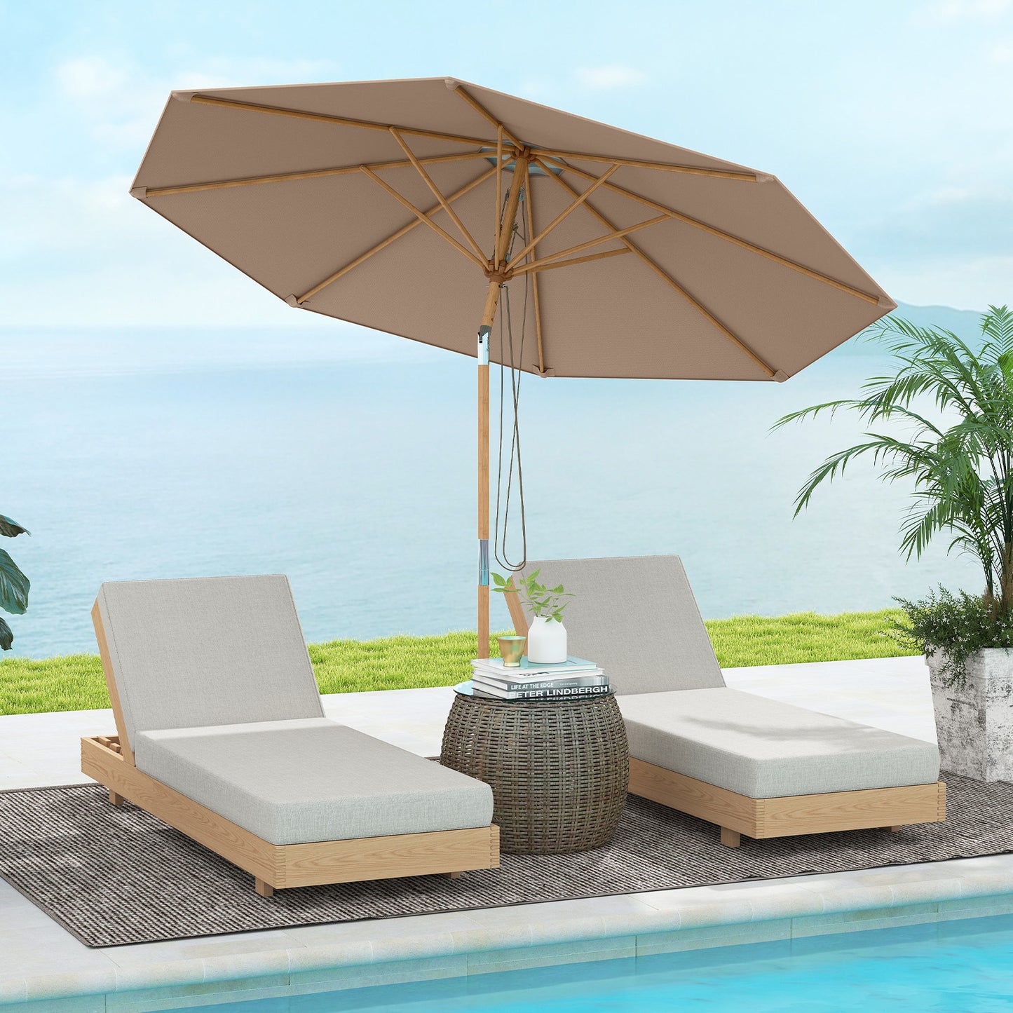 Round Patio Umbrella Bamboo Market Table Umbrella with Push Button Tilt-Brown