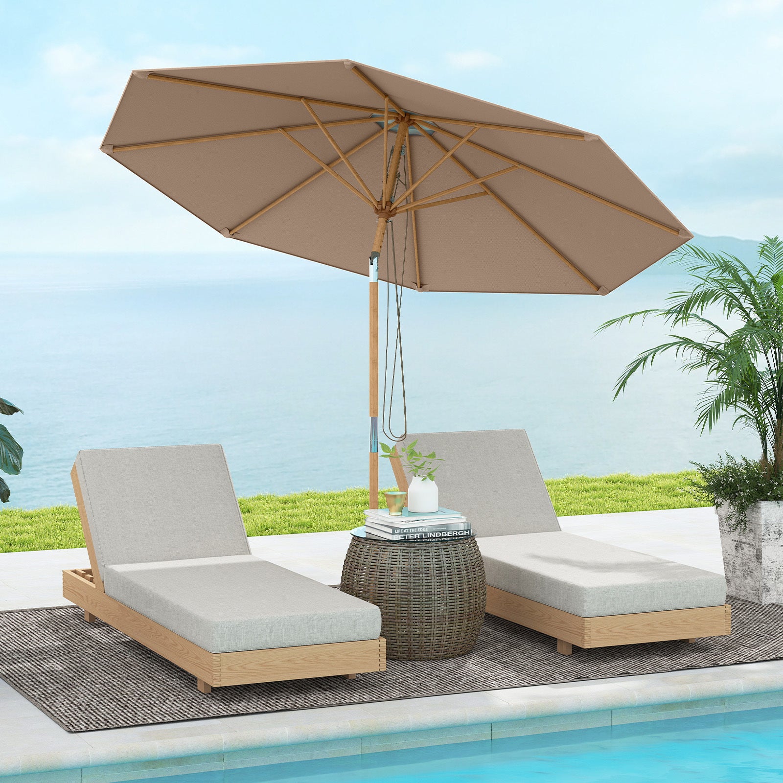 Round Patio Umbrella Bamboo Market Table Umbrella with Push Button Tilt-Brown