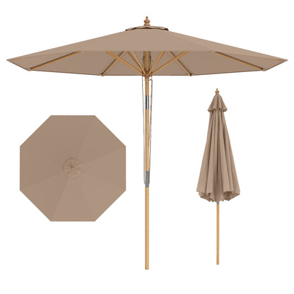 Round Patio Umbrella Bamboo Market Table Umbrella with Push Button Tilt-Brown