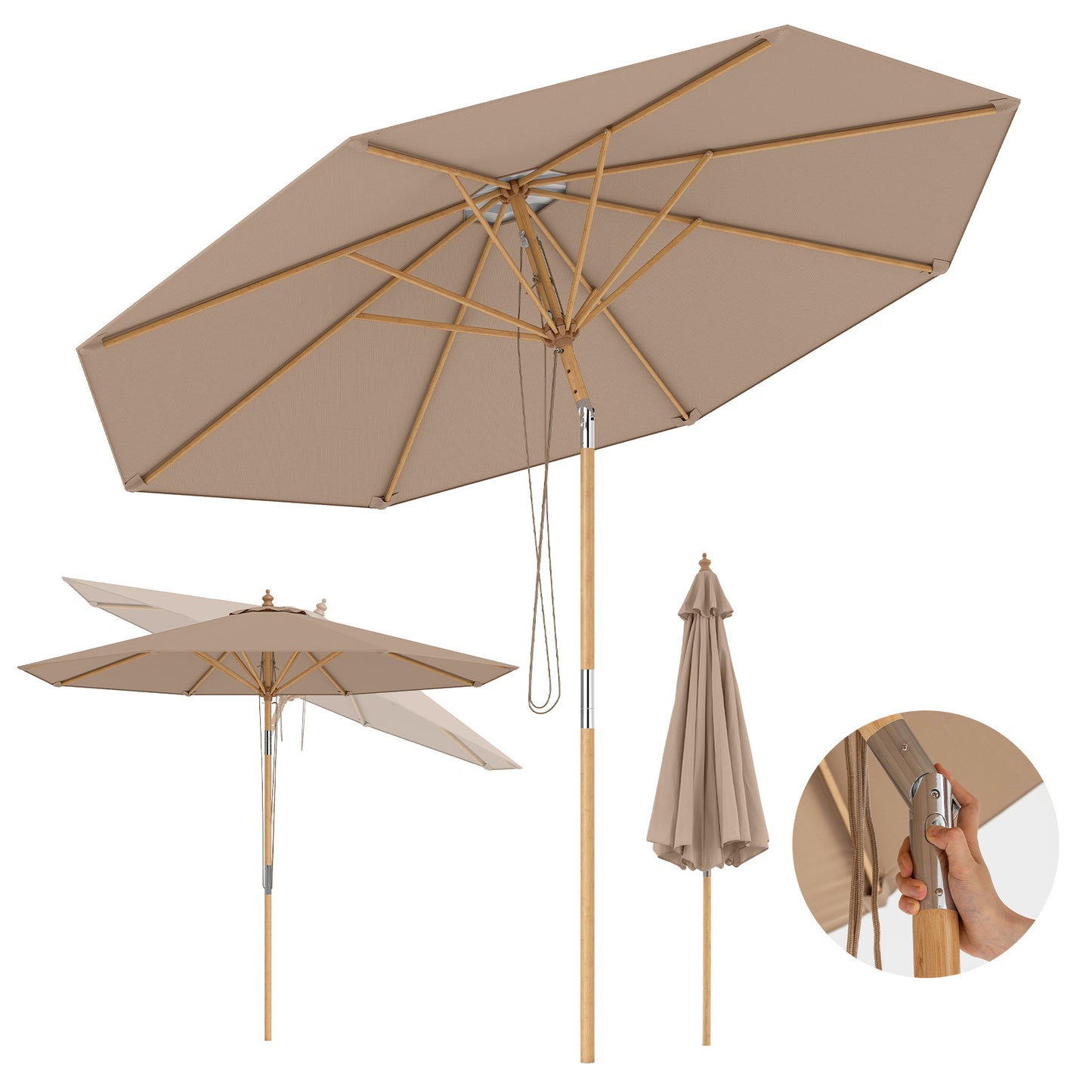 Round Patio Umbrella Bamboo Market Table Umbrella with Push Button Tilt-Brown