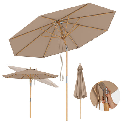 Round Patio Umbrella Bamboo Market Table Umbrella with Push Button Tilt-Brown