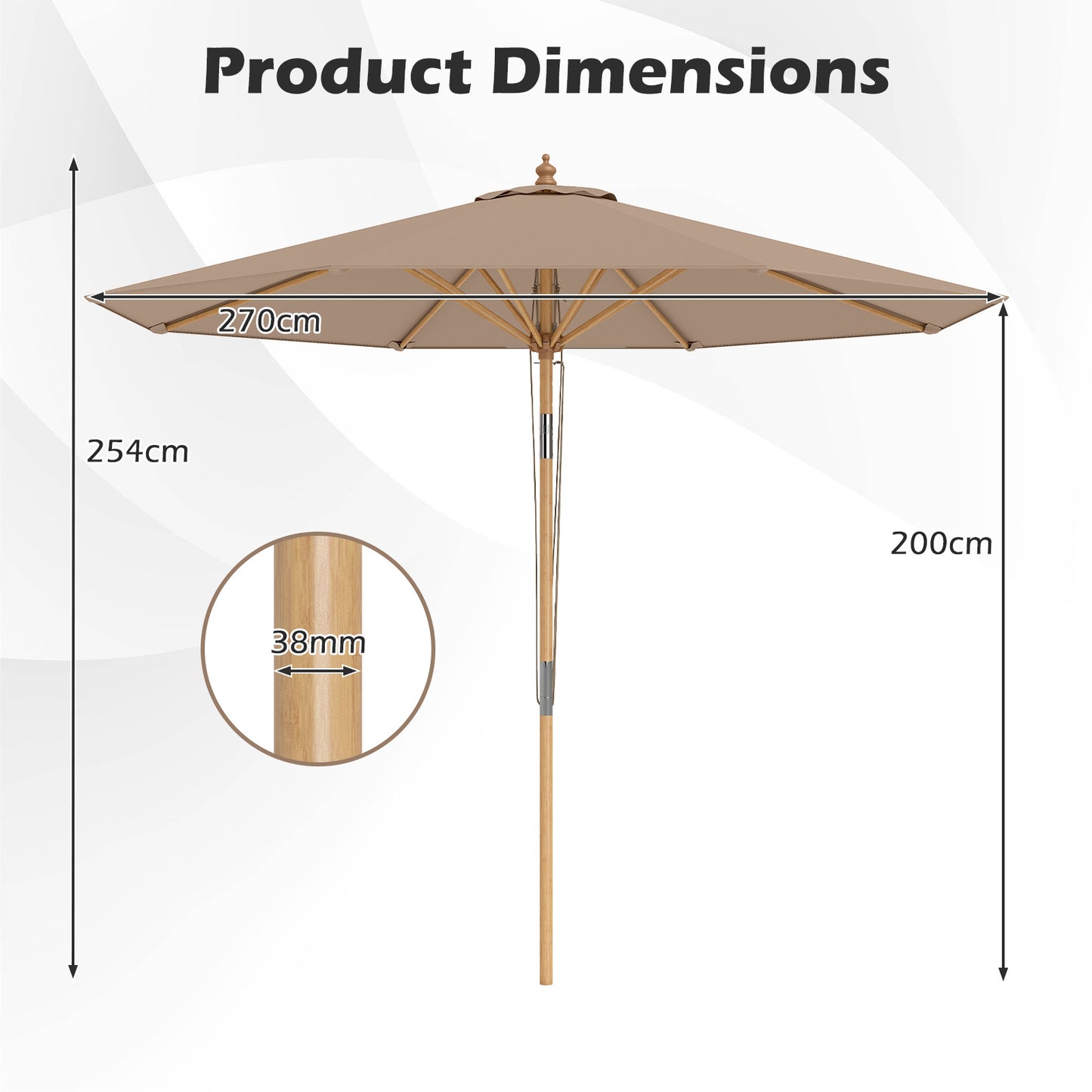Round Patio Umbrella Bamboo Market Table Umbrella with Push Button Tilt-Brown
