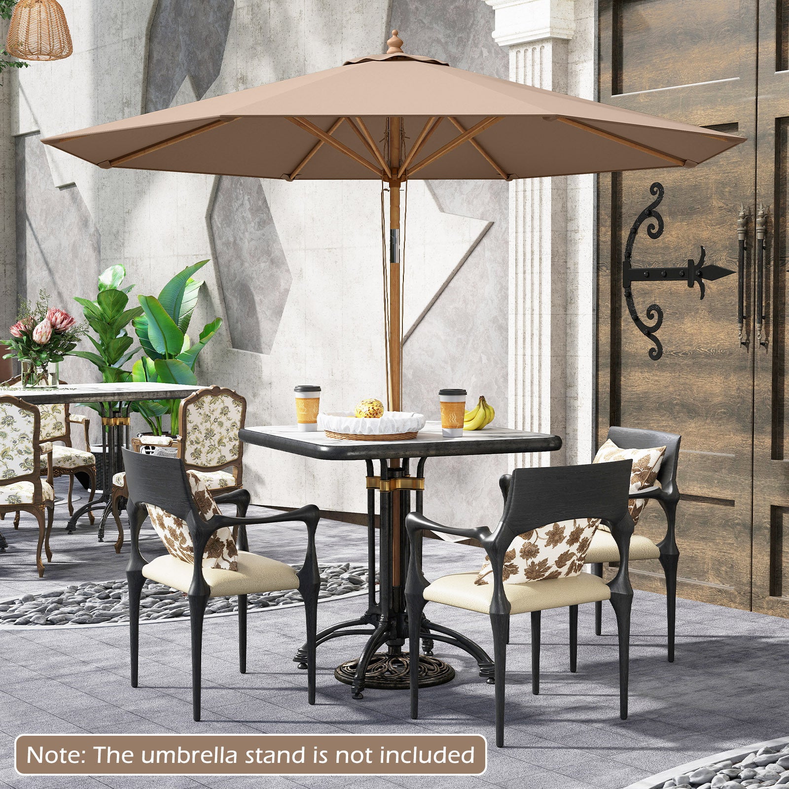 Round Patio Umbrella Bamboo Market Table Umbrella with Push Button Tilt-Brown