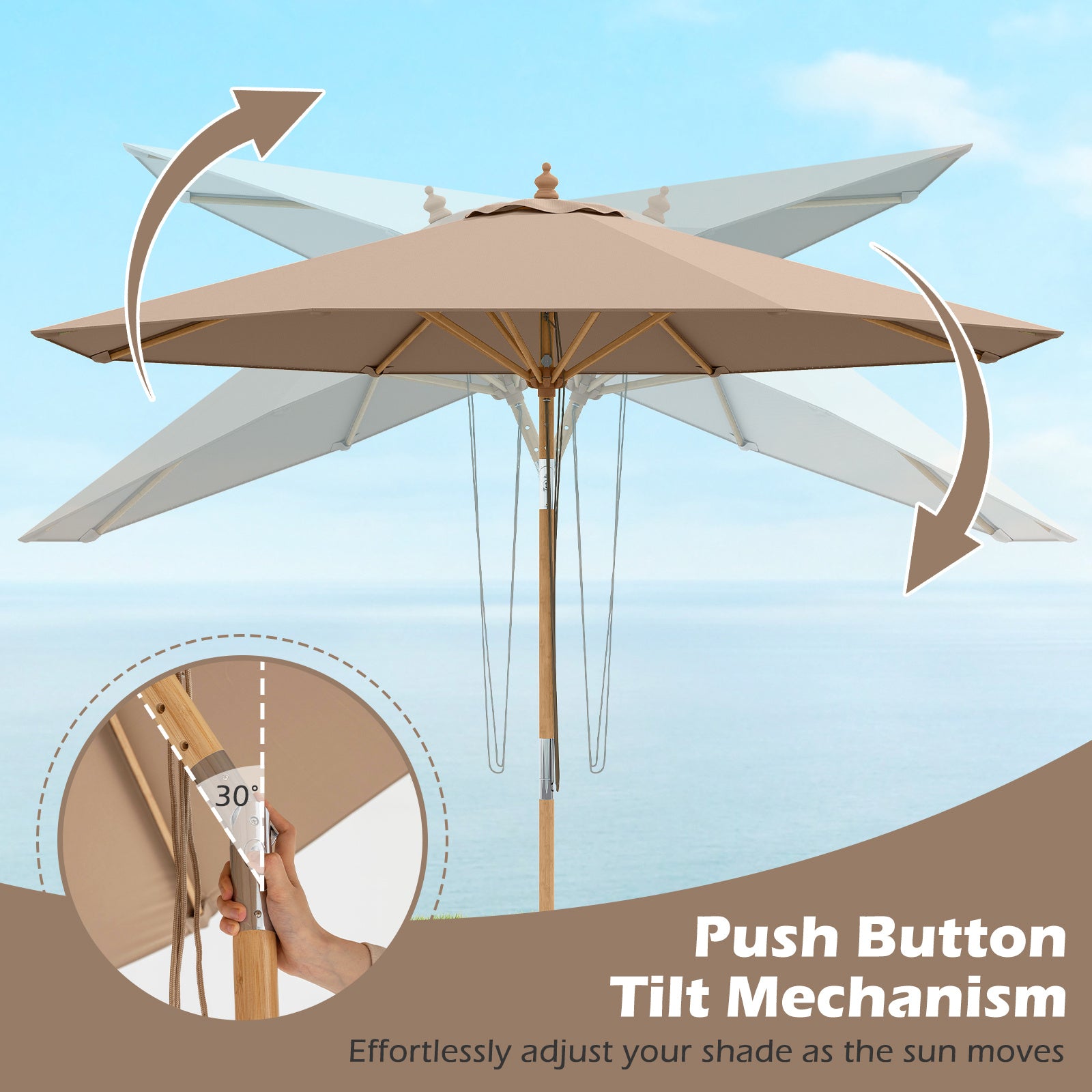Round Patio Umbrella Bamboo Market Table Umbrella with Push Button Tilt-Brown