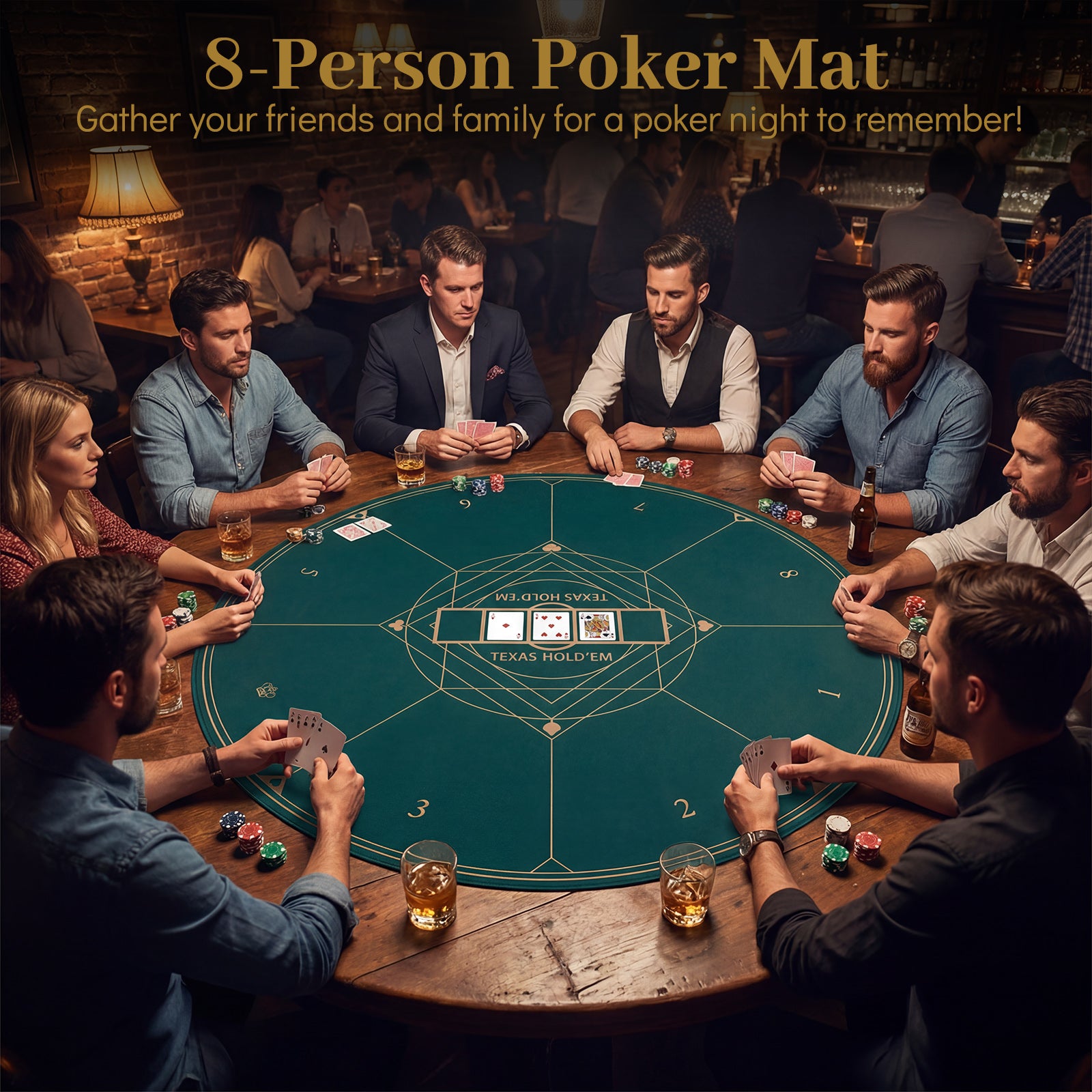 Round Poker Mat for Texas Hold'em 47” Portable Anti-Slip Rubber Base Table Layout-Green