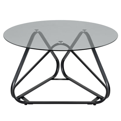 Round Tempered Glass Coffee Table with Triangle Metal Frame for Living Room-Black