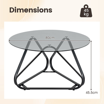 Round Tempered Glass Coffee Table with Triangle Metal Frame for Living Room-Black