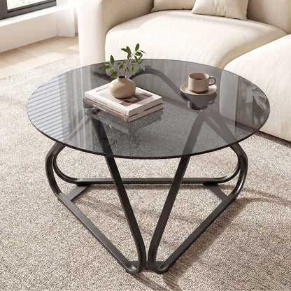 Round Tempered Glass Coffee Table with Triangle Metal Frame for Living Room-Black