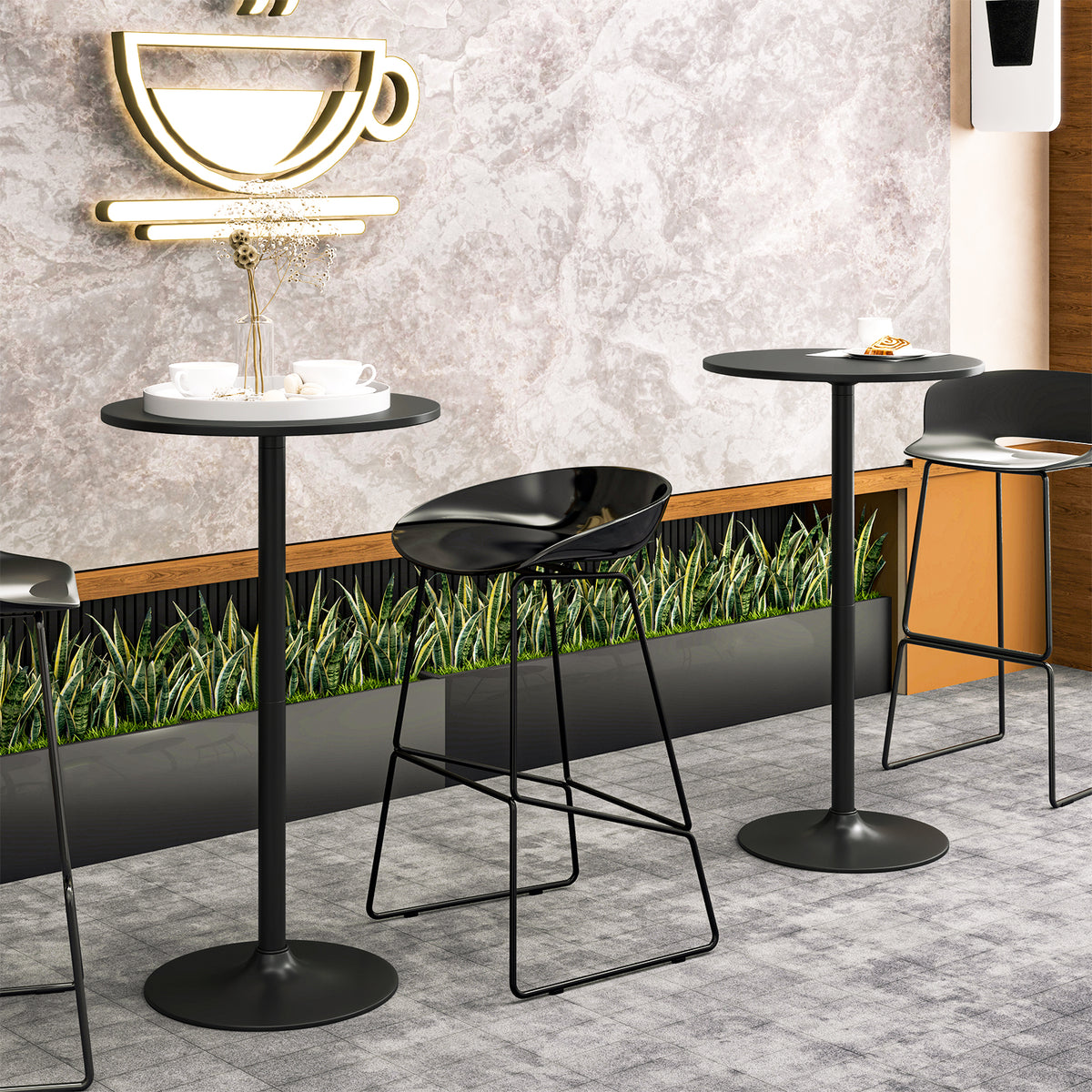 Round Bar Table with Adjustable Height and Metal Base Set of 2-Black