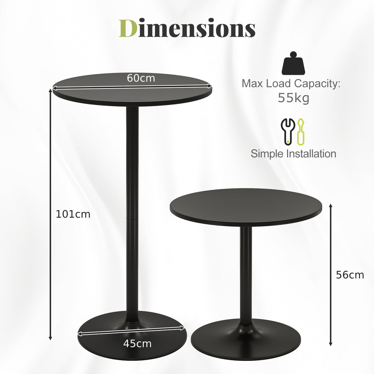 Round Bar Table with Adjustable Height and Metal Base Set of 2-Black