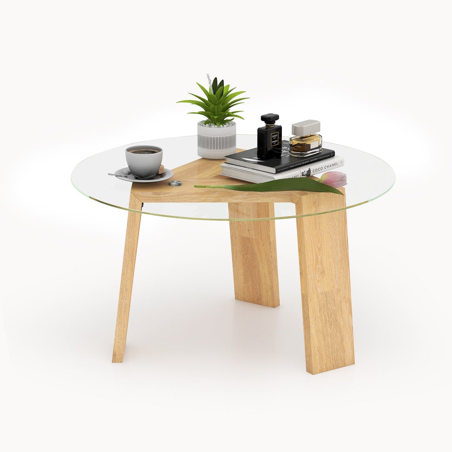 Round Coffee Table with Rubber Wood Tripod Support Frame-Natural