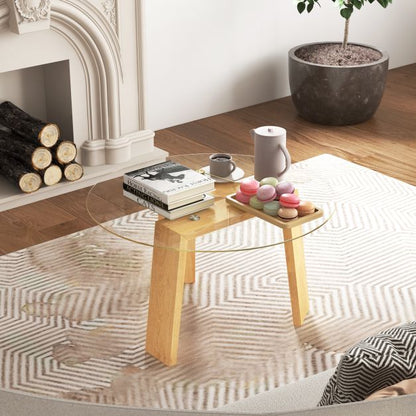 Round Coffee Table with Rubber Wood Tripod Support Frame-Natural