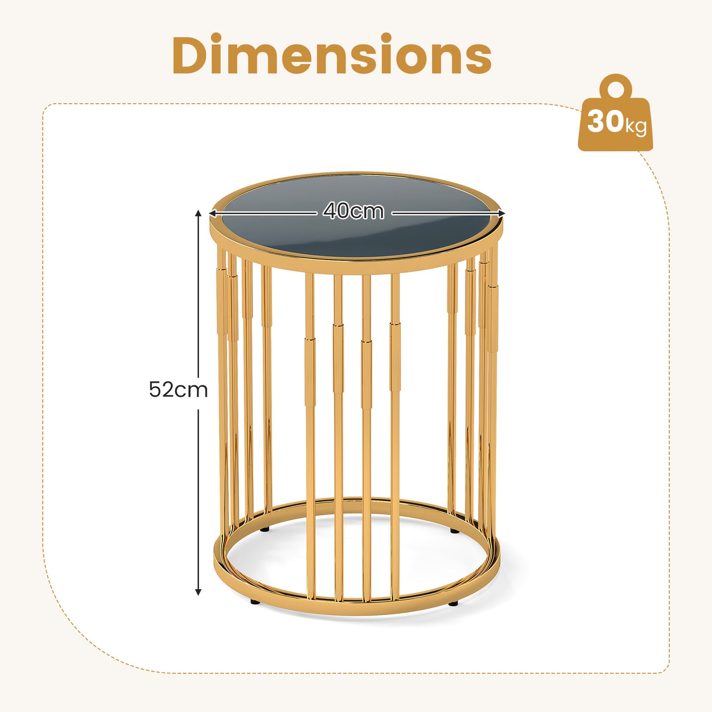 40CM Round Coffee Table Small Glass Side Table-Golden