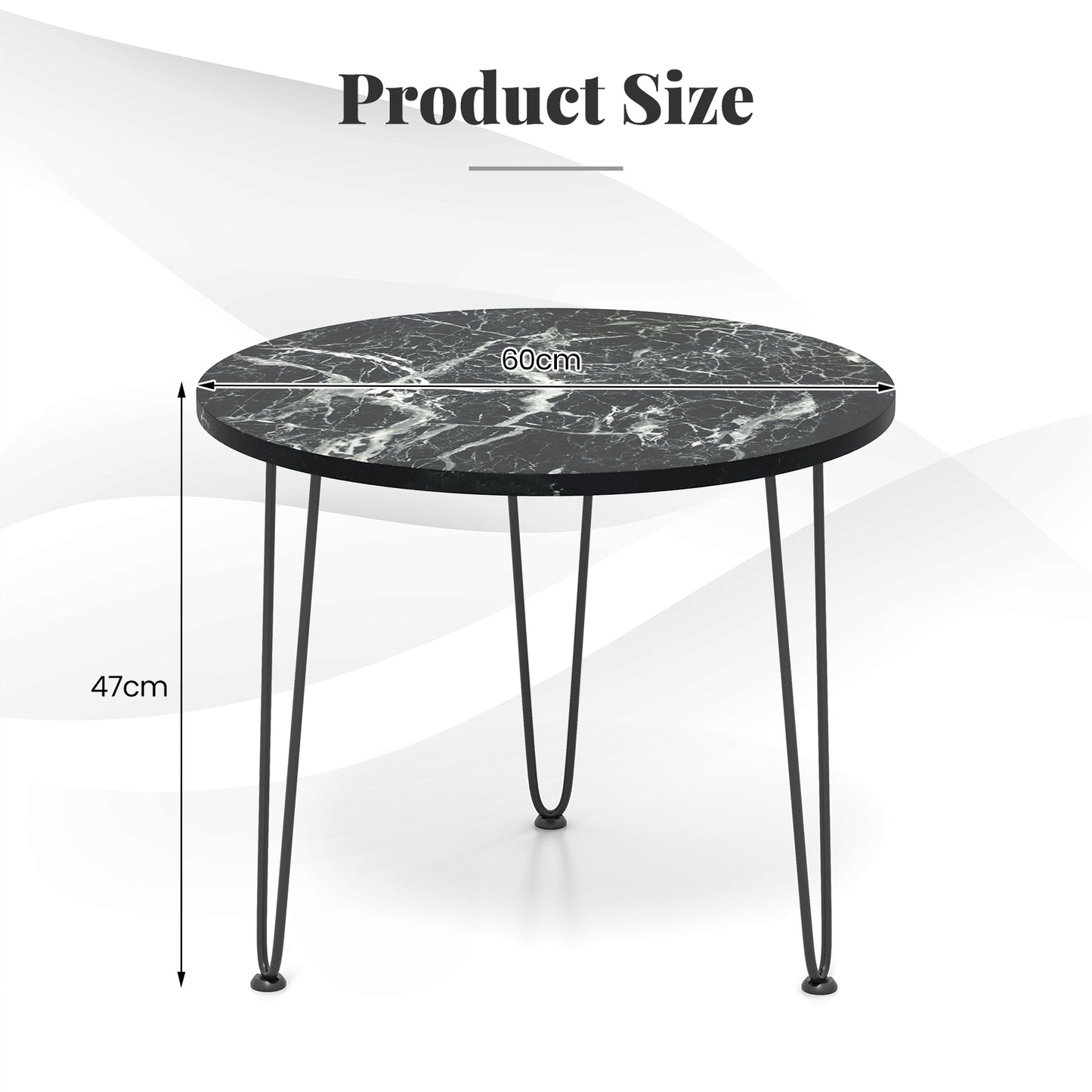 Round Coffee Table Small Faux Marble Accent Table with Thickened Tabletop and Metal Tripod Legs-Black