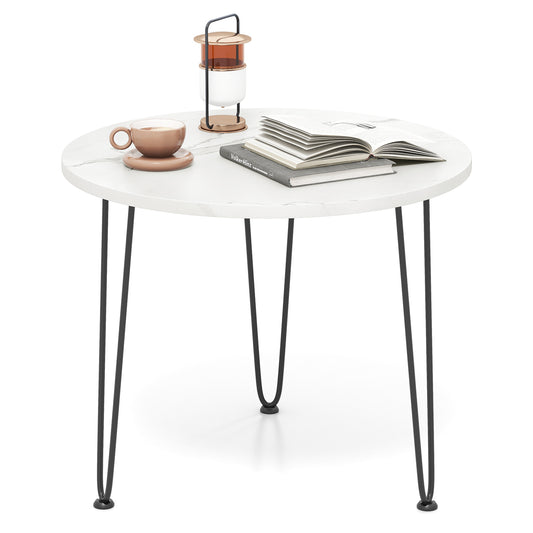 Round Coffee Table Small Faux Marble Accent Table with Thickened Tabletop and Metal Tripod Legs-White
