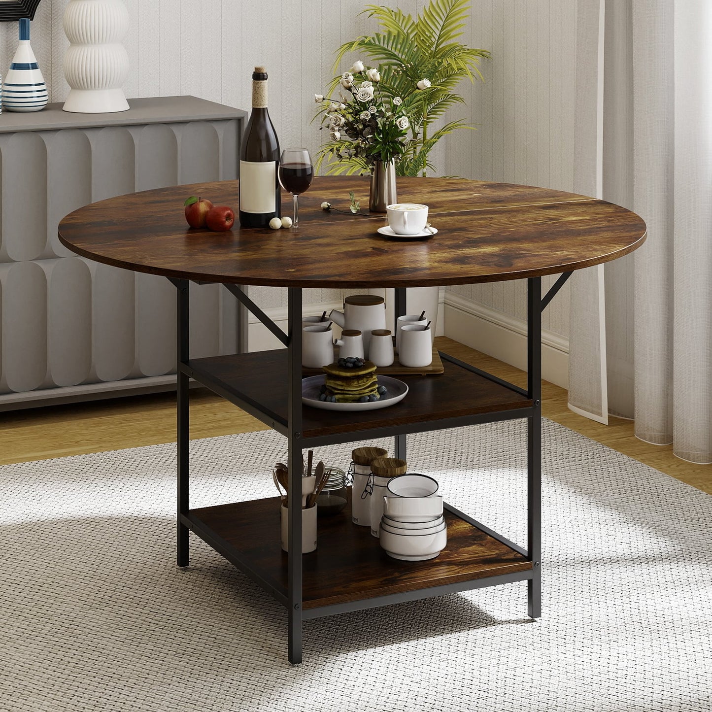 120 CM Round Dining Table with 2-Tier Storage Shelf and Heavy-duty Metal Frame-Black & Brown