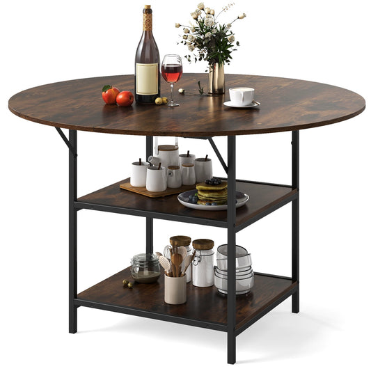 120 CM Round Dining Table with 2-Tier Storage Shelf and Heavy-duty Metal Frame-Black & Brown